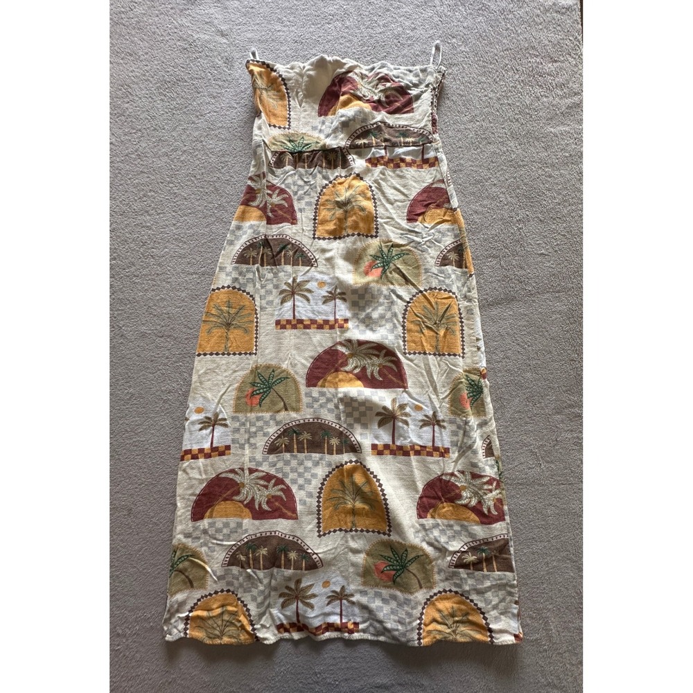 Paper Heart Women XL Tropical Palm Tree Print Smocked Strapless Maxi Dress Slit